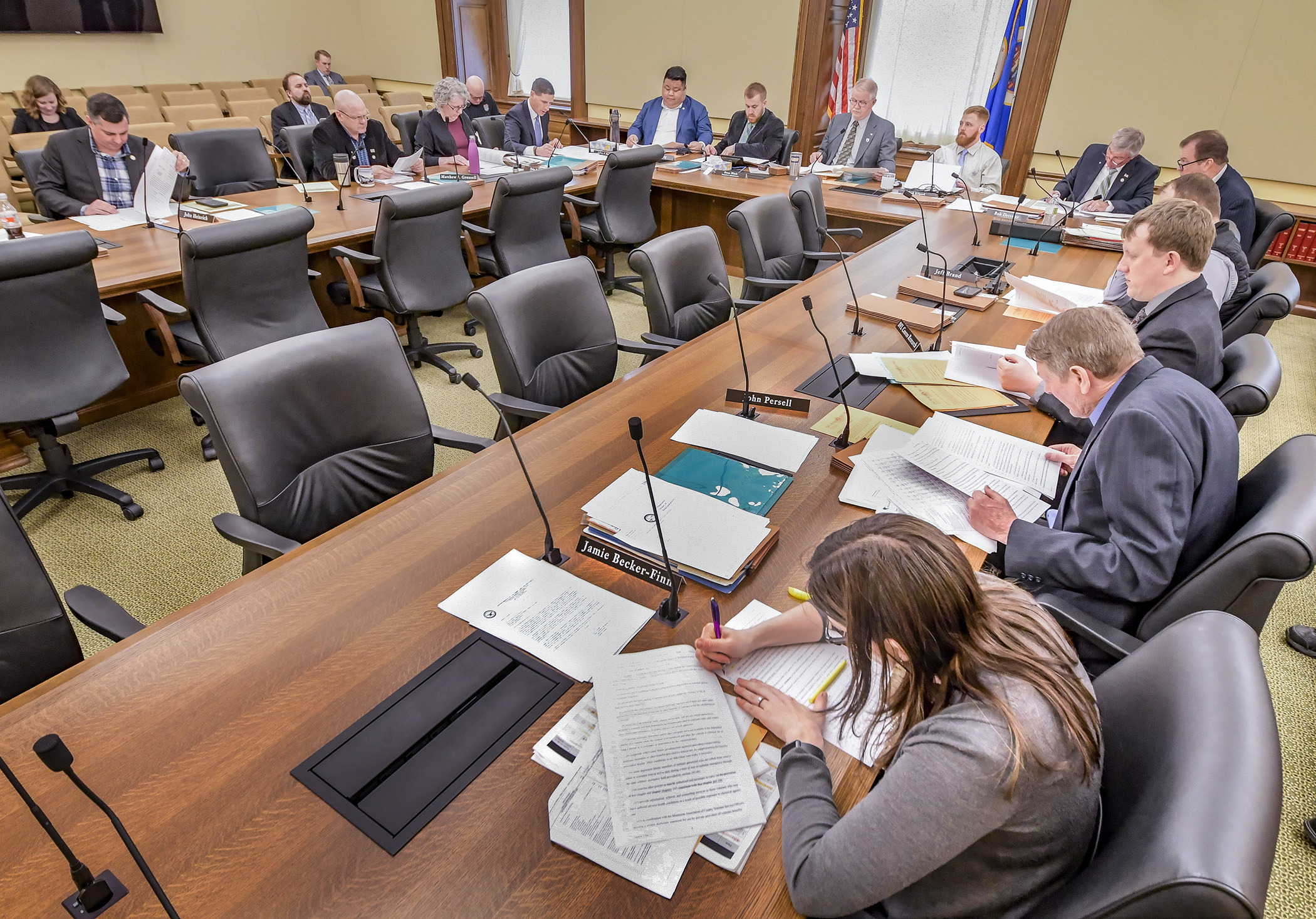 The House Veterans and Military Affairs Finance and Policy Division listens to a nonpartisan staff walk-through of its omnibus finance bill April 2. Photo by Andrew VonBank